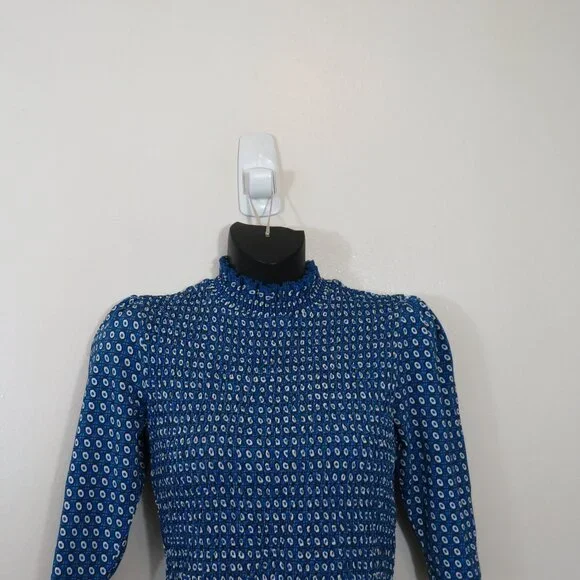 Sandro size 0 Molitor Smocked Top Blue Printed Half Sleeve Mock Neck NEW - Picture 2 of 6
